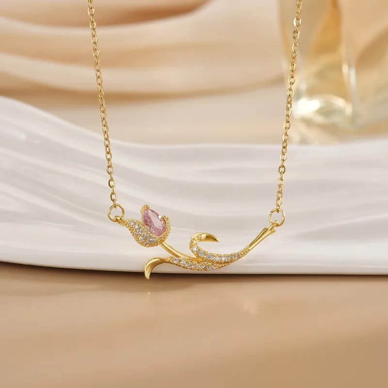 Collar en forma de tulipan acostado con incrustaciones de cristales (rosa)