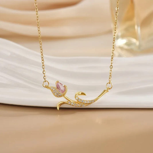 Collar en forma de tulipan acostado con incrustaciones de cristales (rosa)